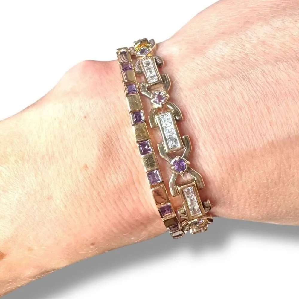 Vintage Sterling Tennis Bracelet Amethyst Purple Stones with Gold Bond 7.5” - Picture 4 of 5